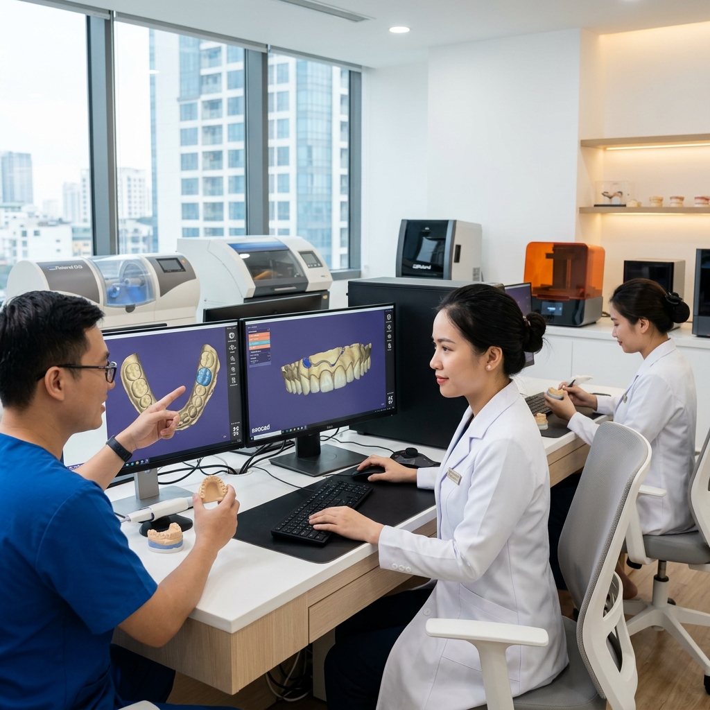 offshore dental design - Dental lab technician using CAD software to design a crown