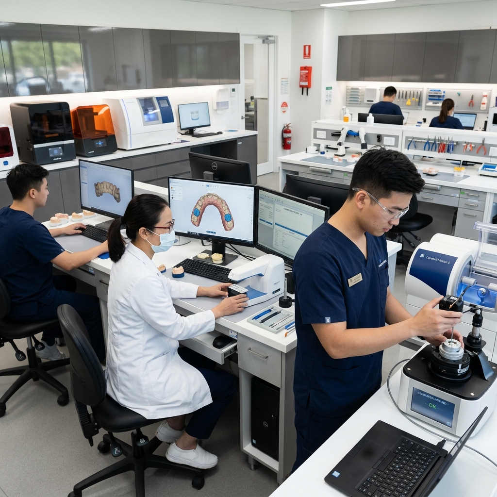 medical device calibration services - Dental lab technician using advanced CAD software for prosthetic design