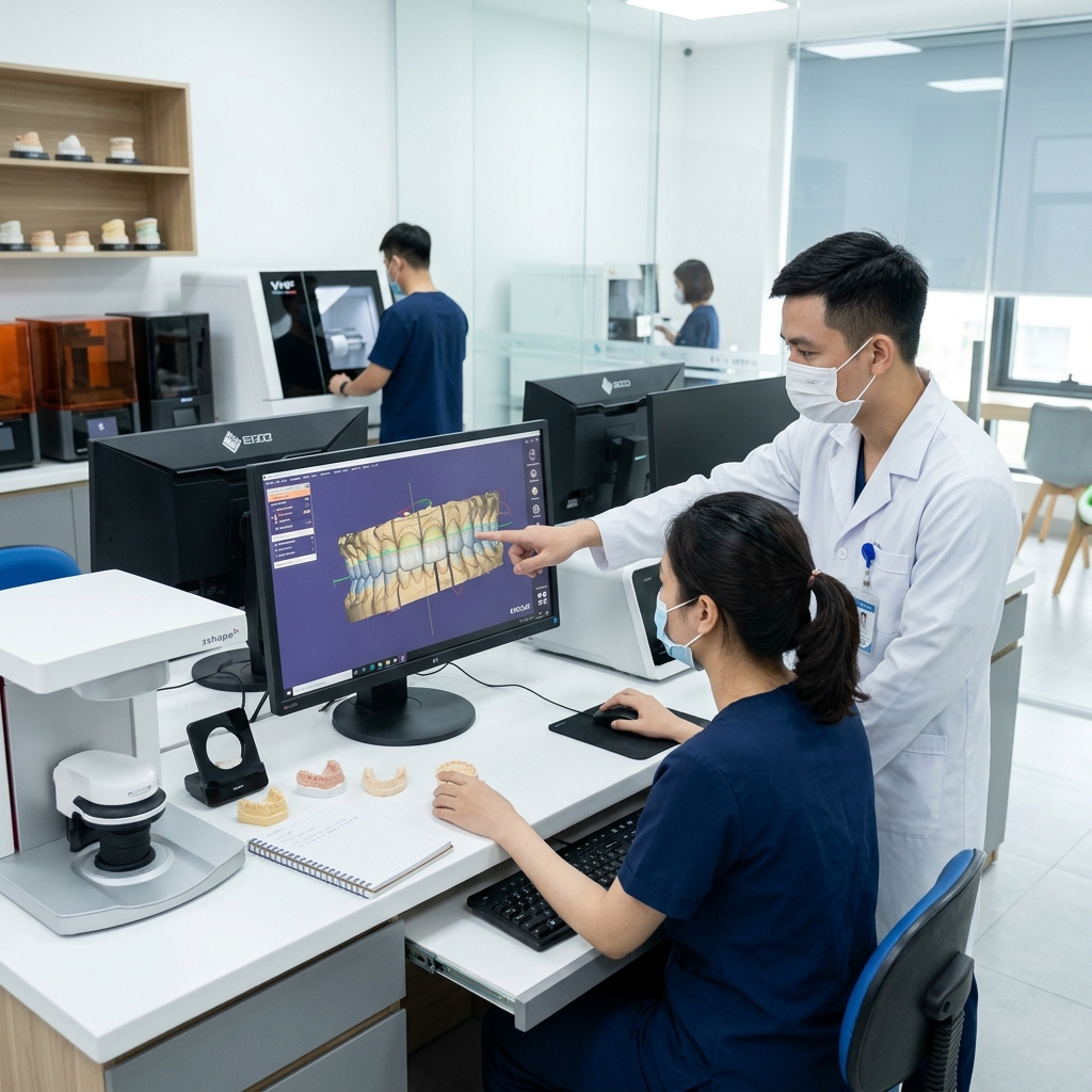 iso 15189 lab accreditation guide - Dental lab technician reviewing digital crown design on a monitor