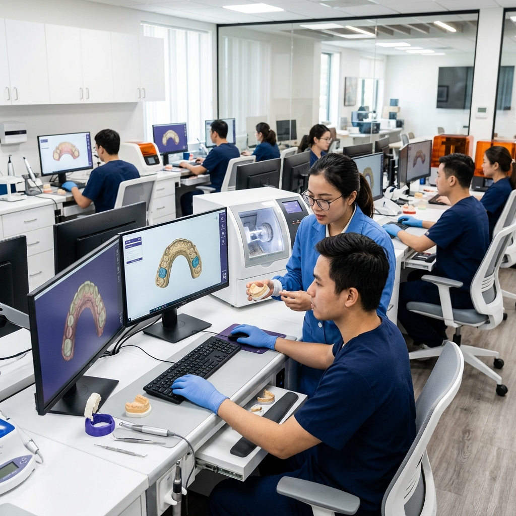 dental lab setup cost estimate - Modern dental lab technician working on a digital design on a computer screen.