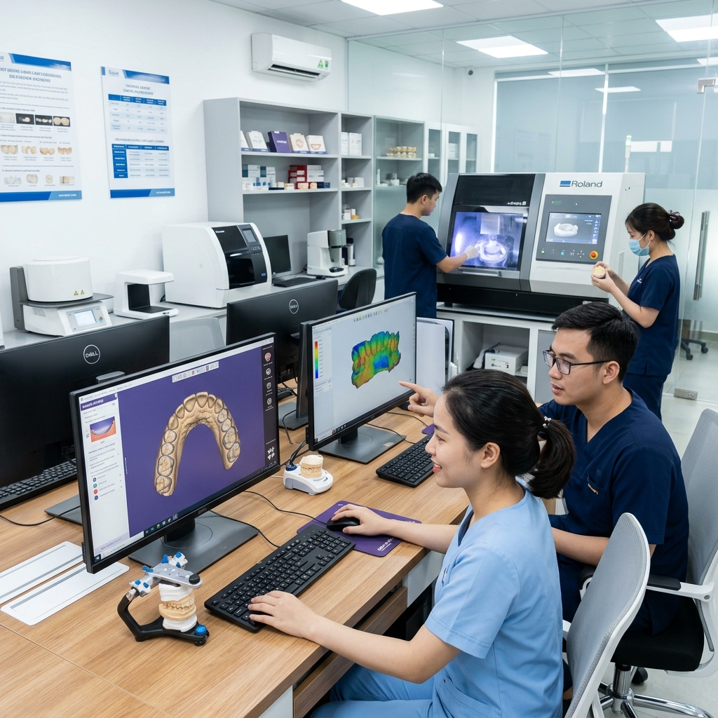 how to open a dental clinic - Dental lab technician working on a digital design for a dental prosthetic on a computer screen.