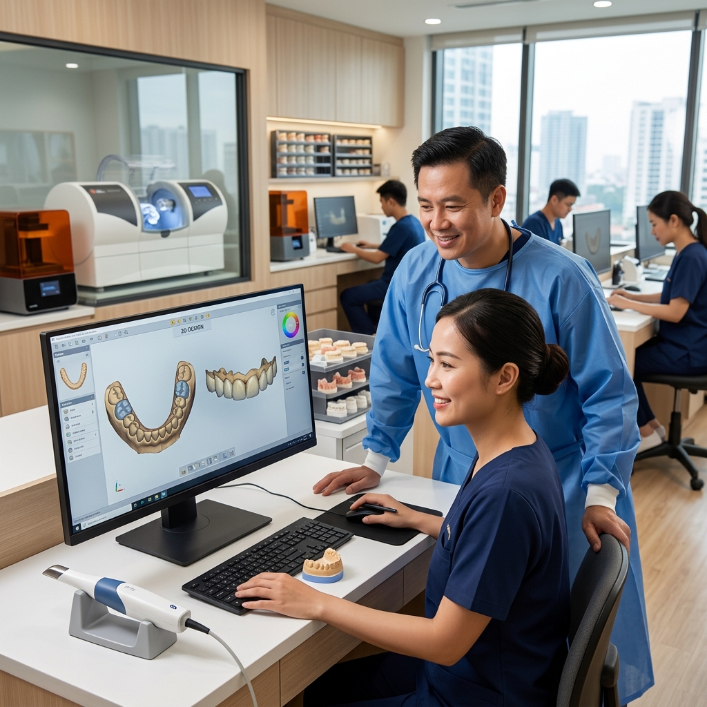 how to increase dental practice revenue - Dental professional reviewing digital dental designs on a computer screen