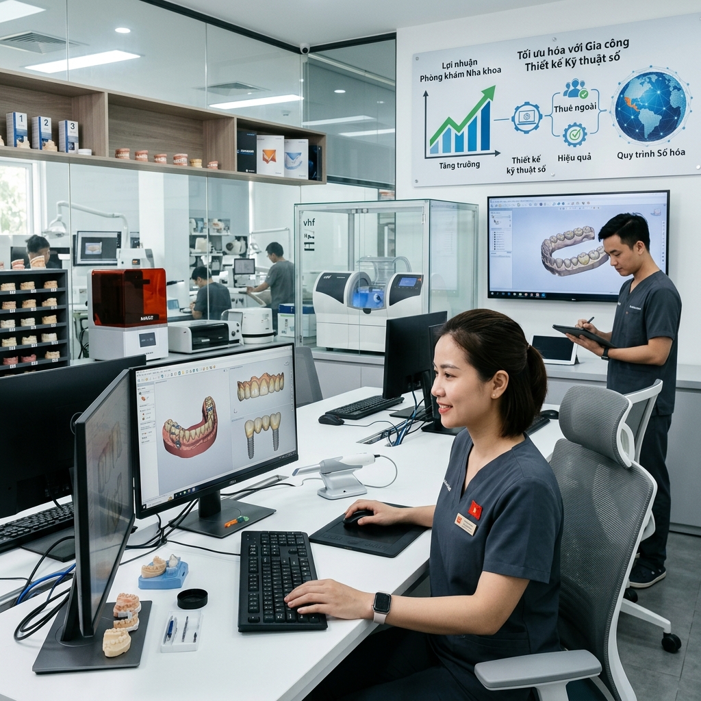 dental clinic profit margins - Dental lab technician working on a digital design on a computer screen