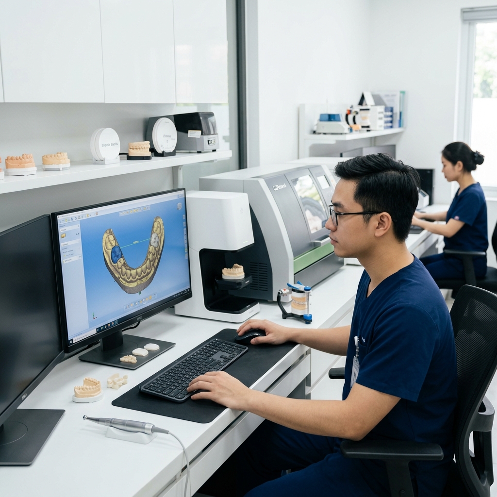 patient lead generation for dentists - Dental professionals reviewing digital dental designs on a screen