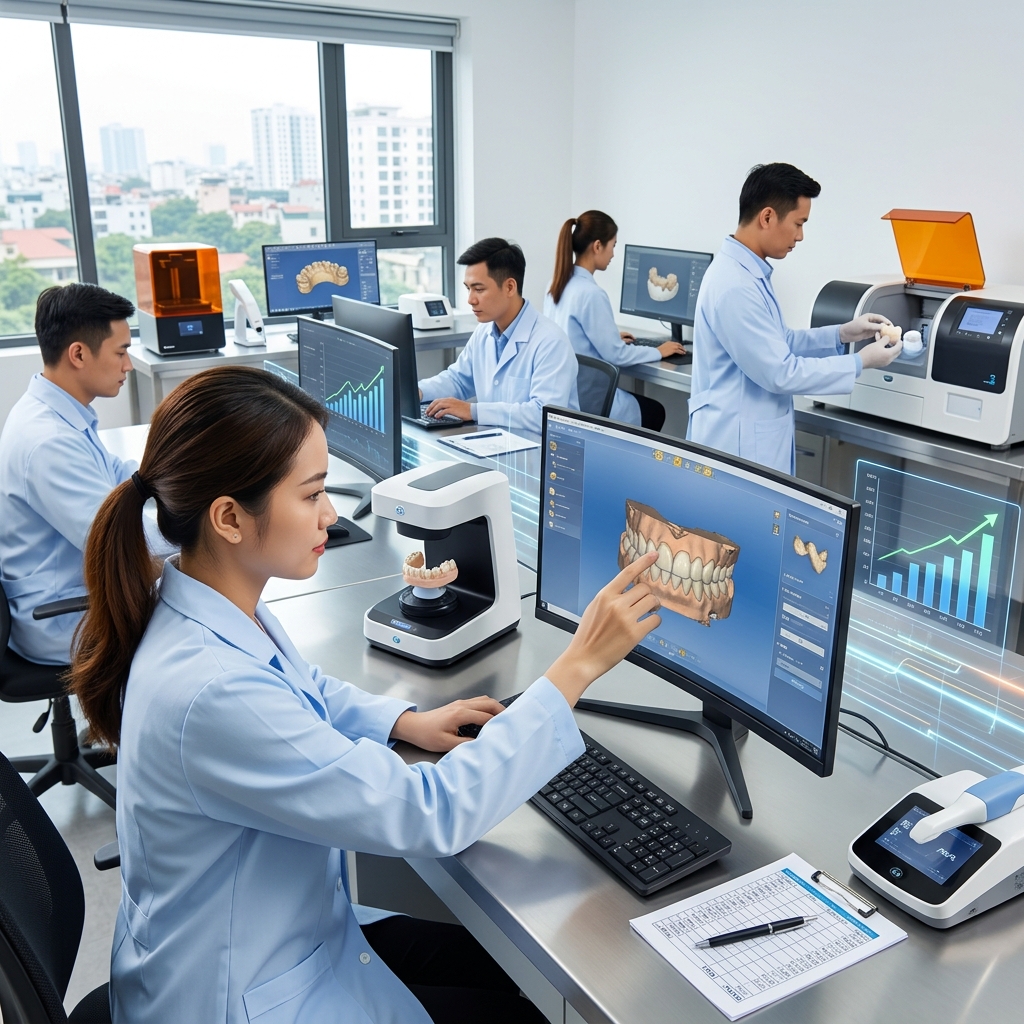 dental lab technician salary - Dental lab technician working on a digital design using CAD software