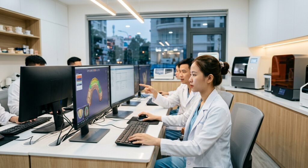 dental lab capacity partner - Digital dental designs displayed on multiple monitors in a modern lab setting