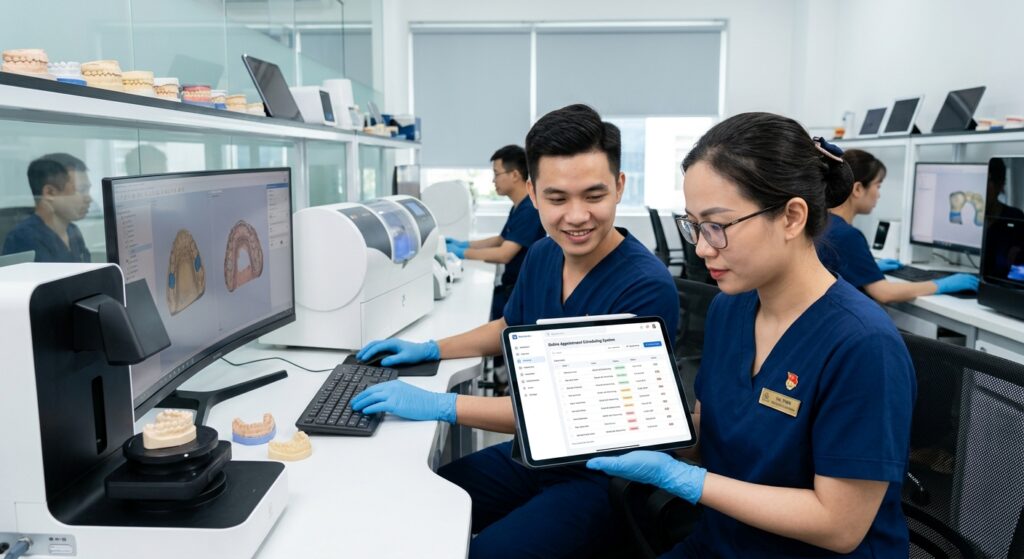 online appointment scheduling system - Dentist and lab technician collaborating on a digital treatment plan