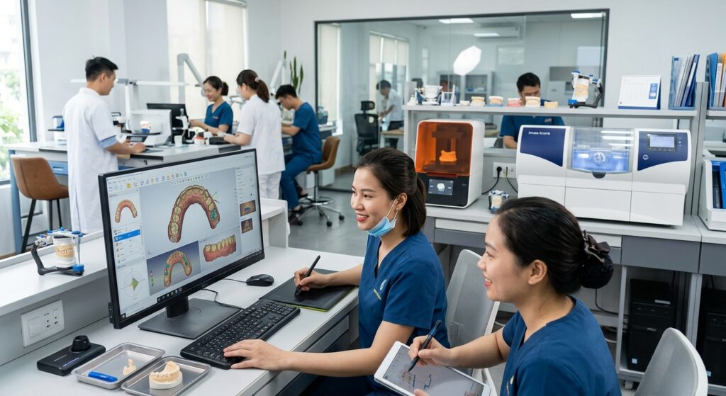 electronic health records software - Dental technician working on a CAD/CAM software interface