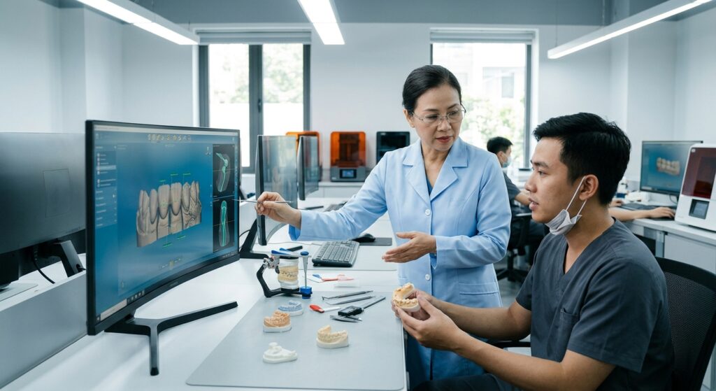 dental lab quality control workflow - Close-up of a 3D dental model being inspected for quality