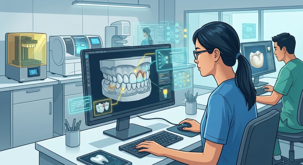 ai in dental diagnosis - Digital dental design specialist working on a CAD/CAM workstation