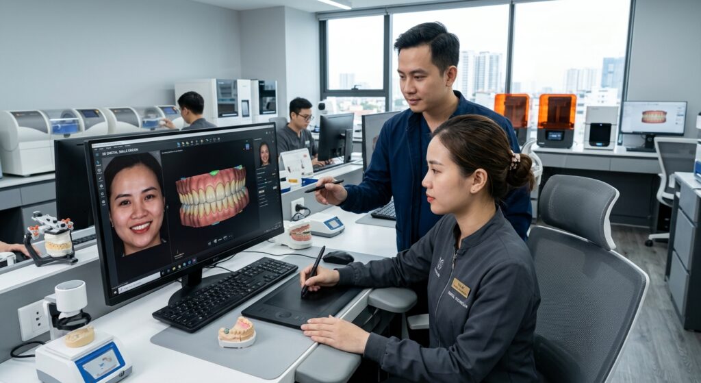 smile design software - Dental technician designing a crown using CAD software
