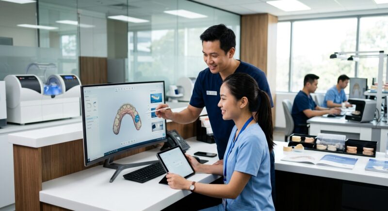 dental front desk training software - Dental front desk team smiling while using practice management software