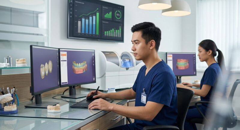 healthcare employee kpi tracking - Team of dental CAD designers collaborating on a complex case