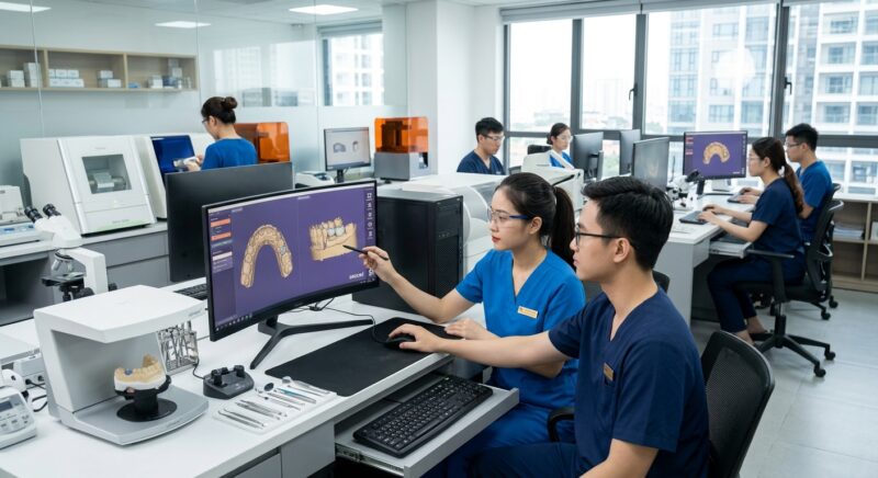 reduce patient wait time clinic - Dentist and patient discussing treatment plan with a digital model on a tablet
