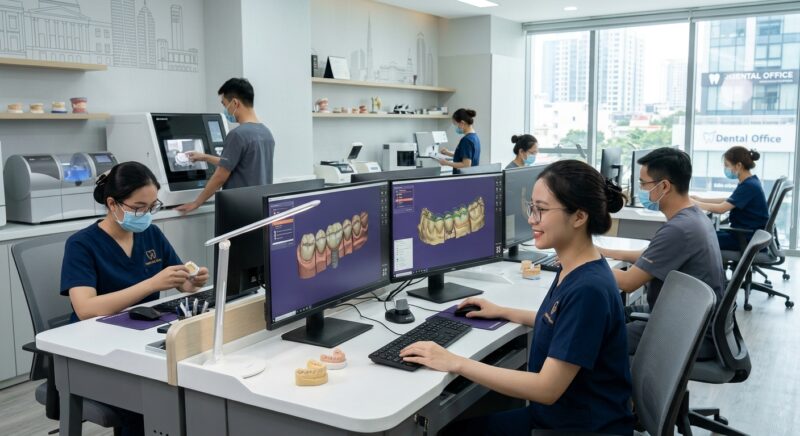 multi location dental practice software - Digital dental models and design software interface on a monitor