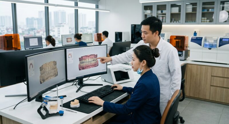 dental technology trends 2026 - Dental lab technician expertly designing a full-arch restoration on CAD software