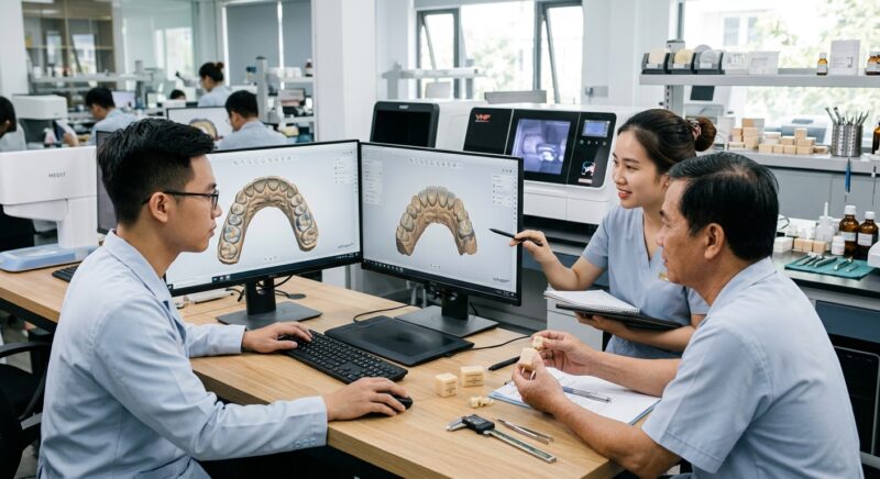 hybrid ceramic dental blocks - Dental technician meticulously designing a restoration using advanced CAD software
