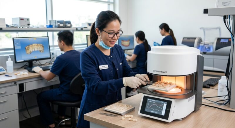 dental sintering furnace guide - Dental technician reviewing CAD/CAM design on a computer screen
