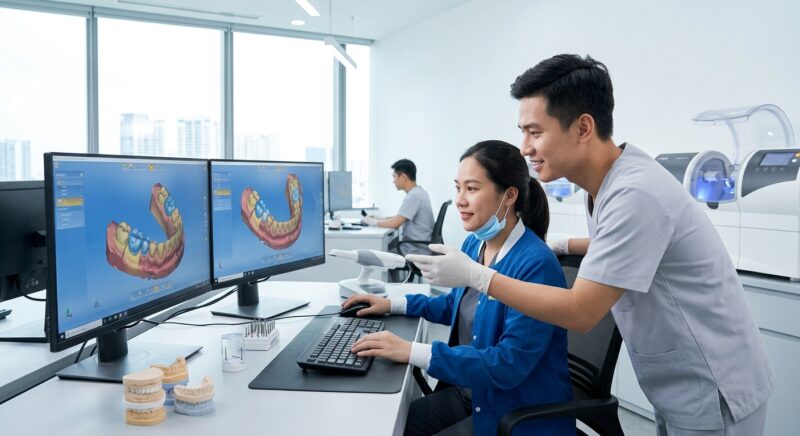 dental laboratory automation software - Digital dental designs displayed on multiple computer screens