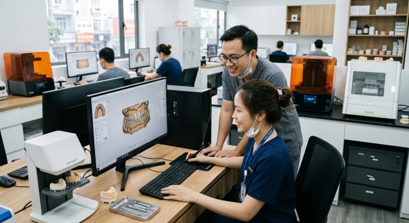 dental lab turnaround time optimization - Digital dental designs displayed on multiple computer screens