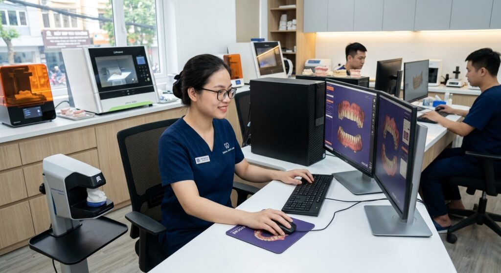 denture design outsourcing - 3D model of a full arch digital denture being reviewed on a screen