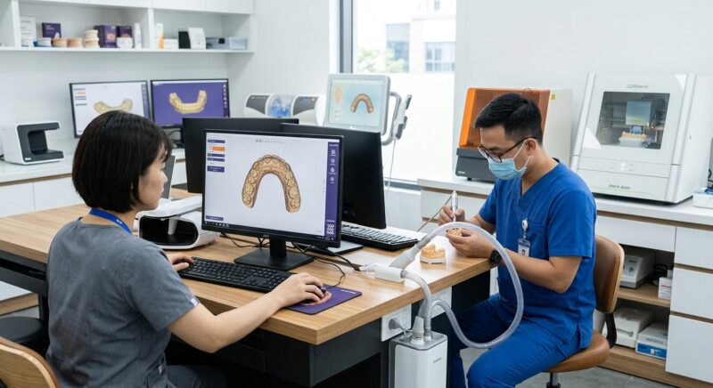 dental suction system - Digital model of a dental implant and crown on a computer screen