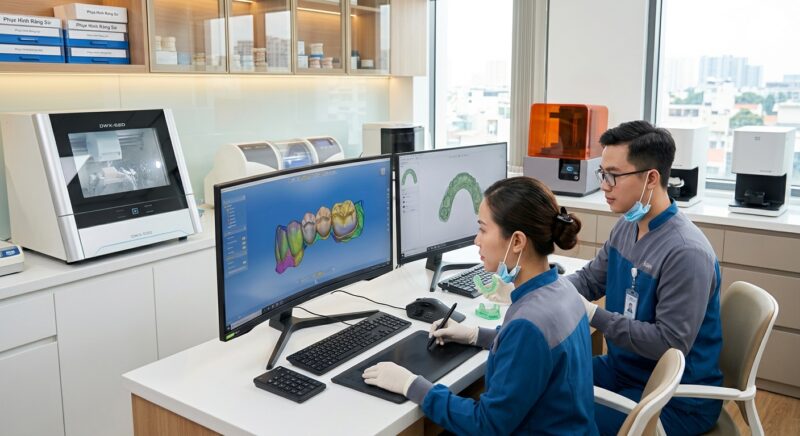 dental practice cash flow management - Dental lab technician using CAD/CAM software for prosthetic design