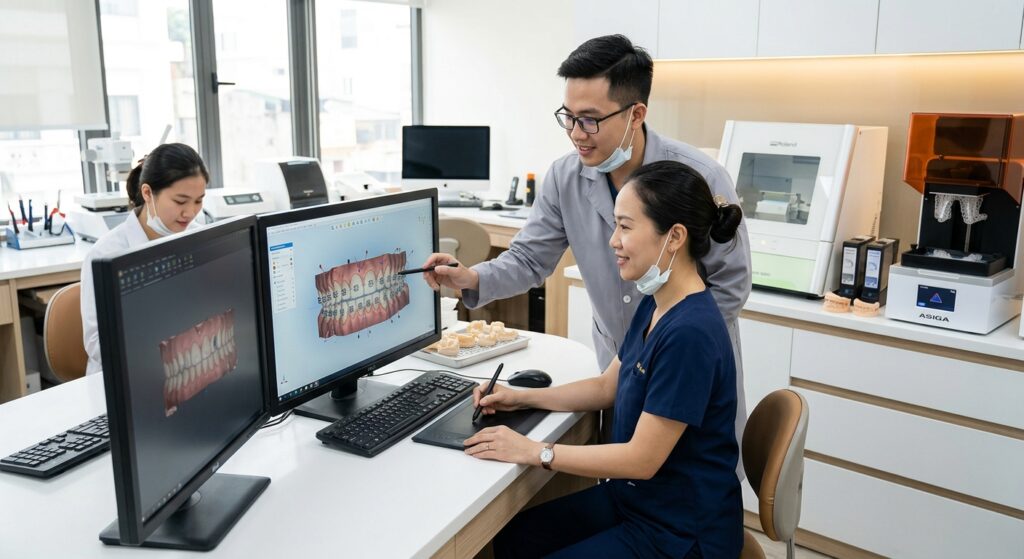orthodontic aligner design service - Dental lab technician working on a CAD/CAM workstation