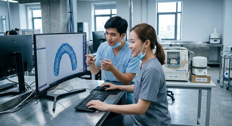 used dental equipment for sale - 3D rendering of a dental crown being designed in CAD software