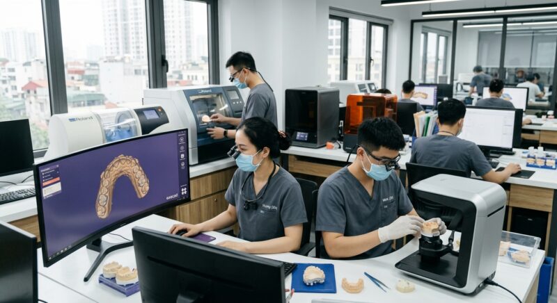 red flags when choosing a dental outsourcing partner in 2026 - A dental lab team collaborating on CAD/CAM software for a complex case.