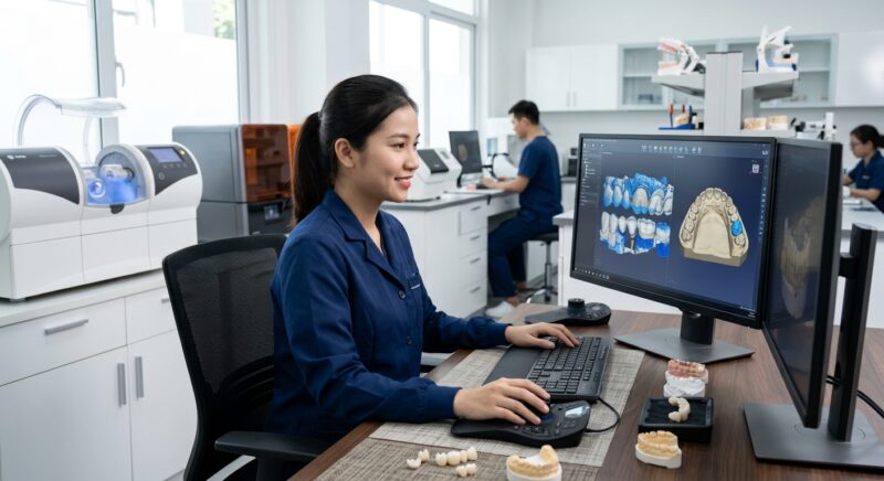 white label dental CAD design partner 2026 - Dental technician reviewing a 3D CAD design of a dental crown