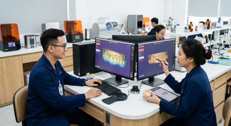 free trial case dental CAD outsourcing 2026 - Digital dental models and CAD designs displayed on a screen
