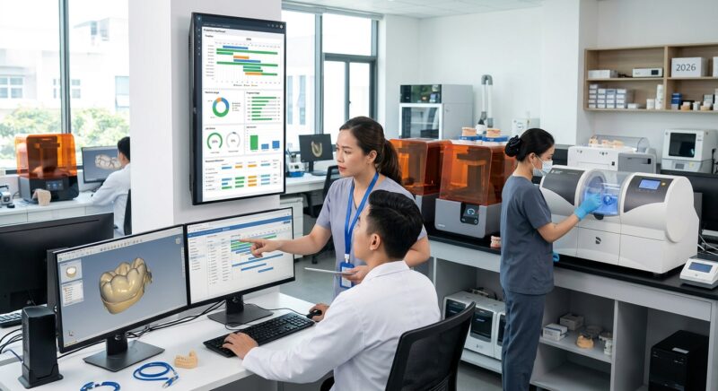 Dental technicians working on digital dental CAD designs in a modern lab - Dental Lab Production Scheduling and Capacity Planning 2026