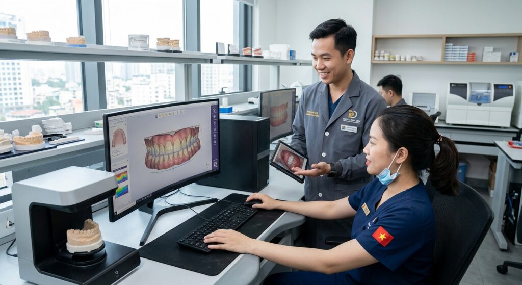 smile design service for labs - 3D model of a custom dental abutment and crown in CAD software