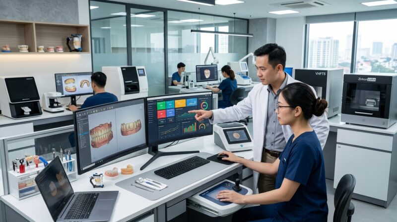 how to price dental lab cases competitively 2026 - Digital dental prosthetics being designed on CAD software