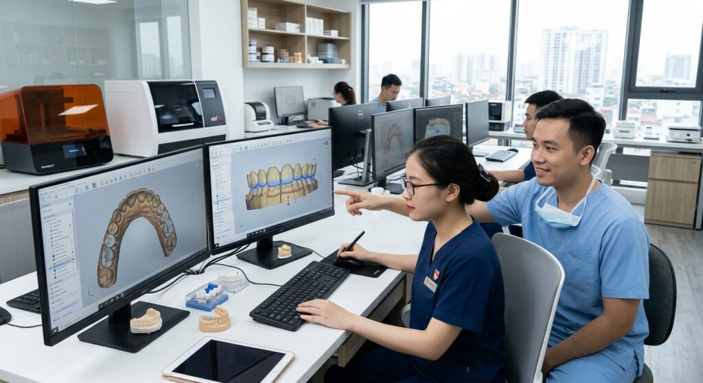 dental technician shortage solution - Digital dental designs of various prosthetics on a computer screen