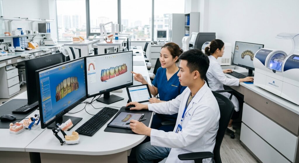 تقليل وقت تسليم مختبر الأسنان - نموذج 3D لتاج الأسنان قيد التصميم على شاشة مع برنامج CAD متقدم