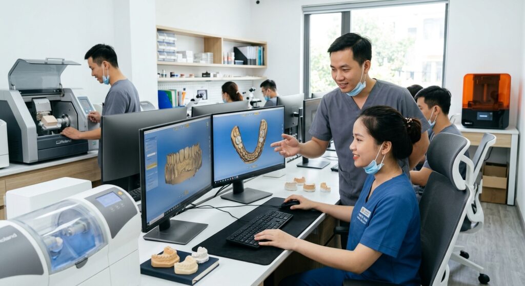 dental design software alternative - Various dental prosthetics and models arranged around a computer showing CAD design