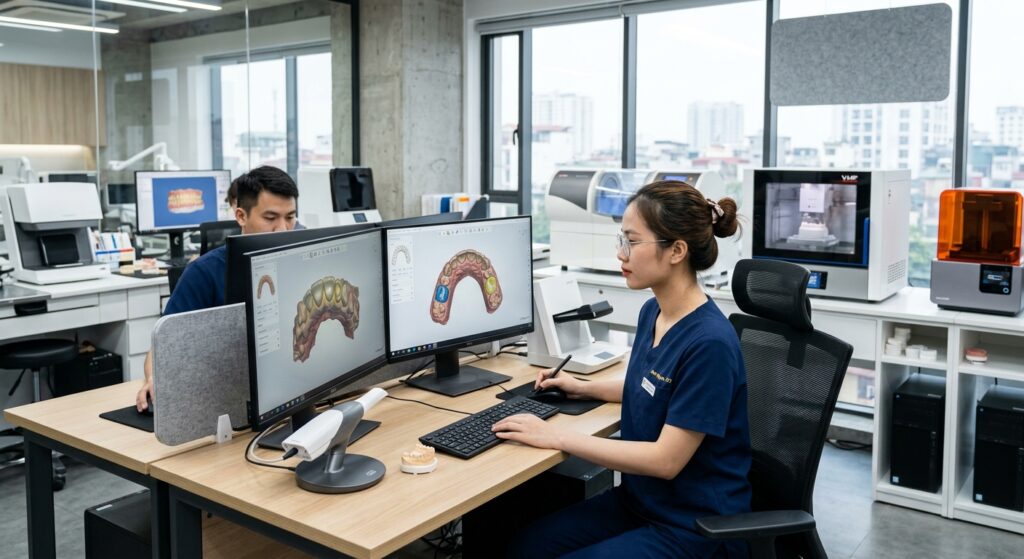 cheaper than in-house dental CAD team - Digital dental design workflow showing scanning, design, and manufacturing