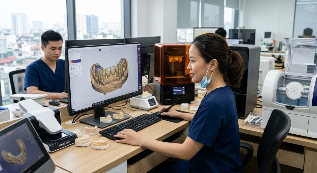 3D dental design service for labs - Dental technician reviewing a 3D digital model of a dental bridge