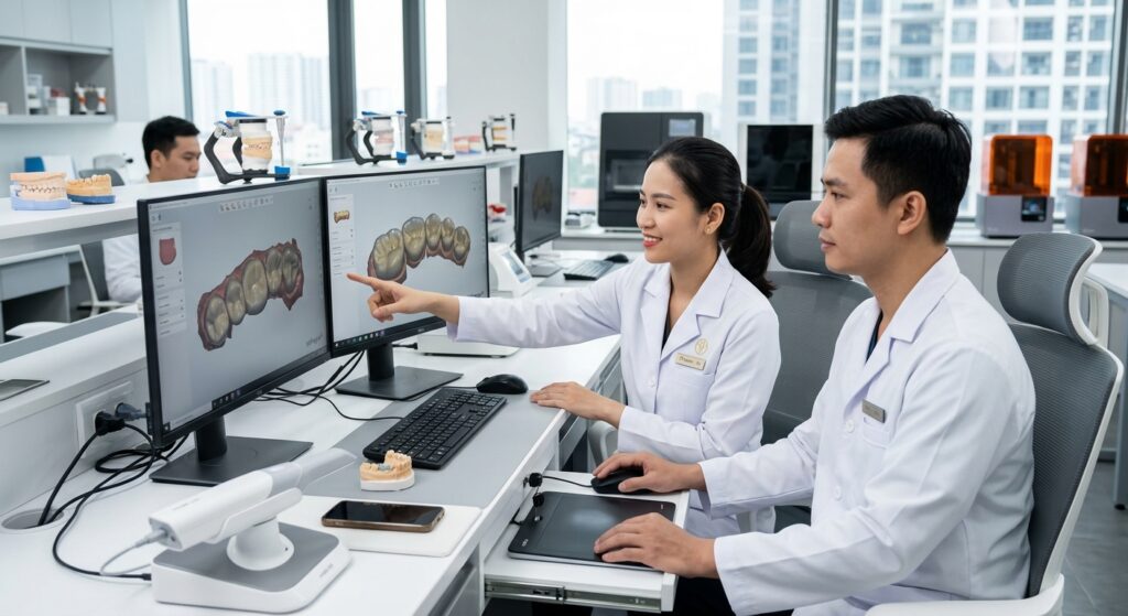 remote dental design service - Various digital dental prosthetics and appliances displayed on a monitor, showcasing design capabilities