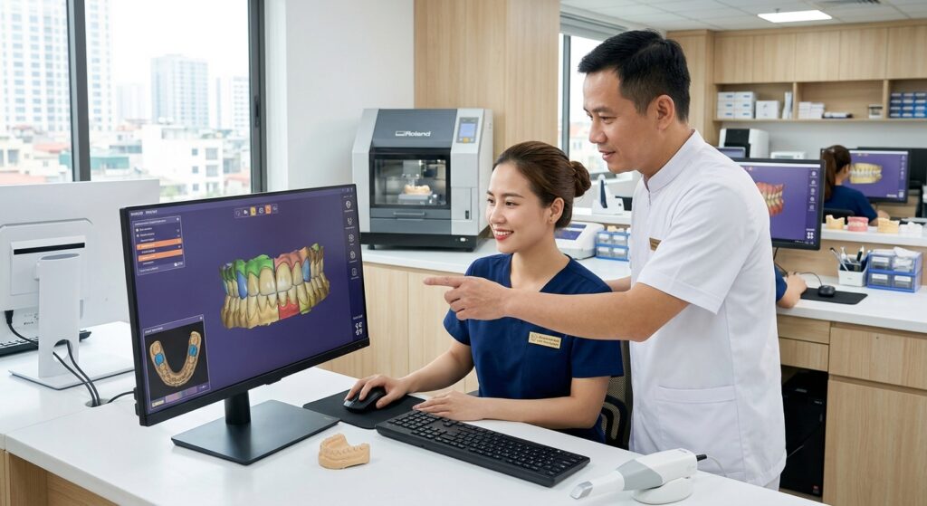 dental CAD CAM outsourcing - Close-up of a dental CAD CAM software interface showing a crown design