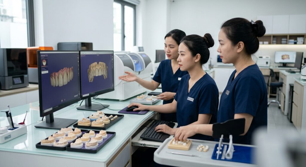 outsource dental crown design - Dental lab technician reviewing a digital implant design on a monitor