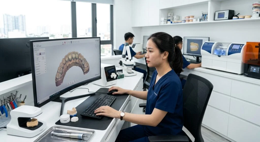 dental lab outsourcing - Digital dental model on a computer screen with design tools