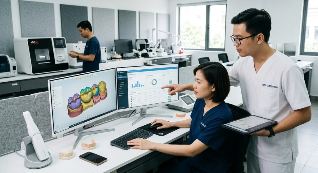 dental clinic management software - Dental lab technician working on a digital design for a crown