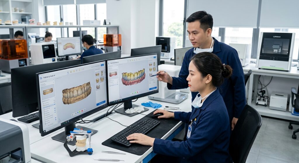 dental lab management software - Digital dental design interface showing a crown on a virtual model.
