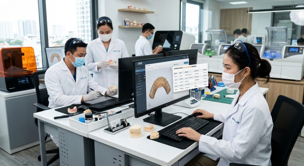 dental crm software - Digital dental workflow showing collaboration and data transfer