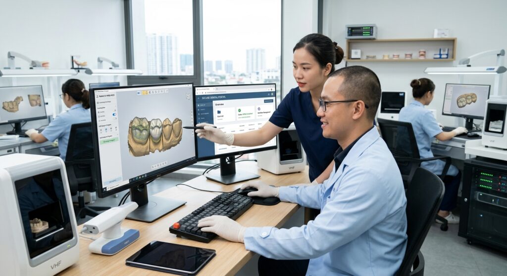 hipaa compliant patient portal - Digital dental models and CAD software interface showing secure data exchange