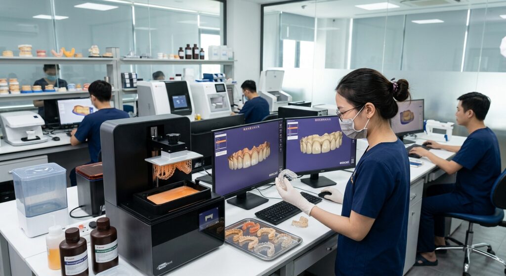 dental 3d printer price - Variety of 3D printed dental models and prosthetics on a workbench
