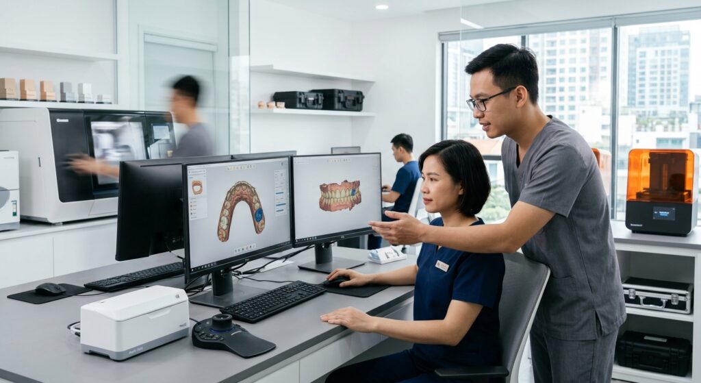 dental lab digital design partner - Dental technician reviewing a digital design for a surgical guide